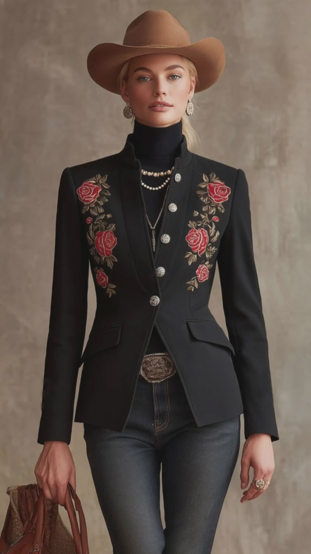 Stand Collar Single-breasted Rose Embroidered Woolen Blazer