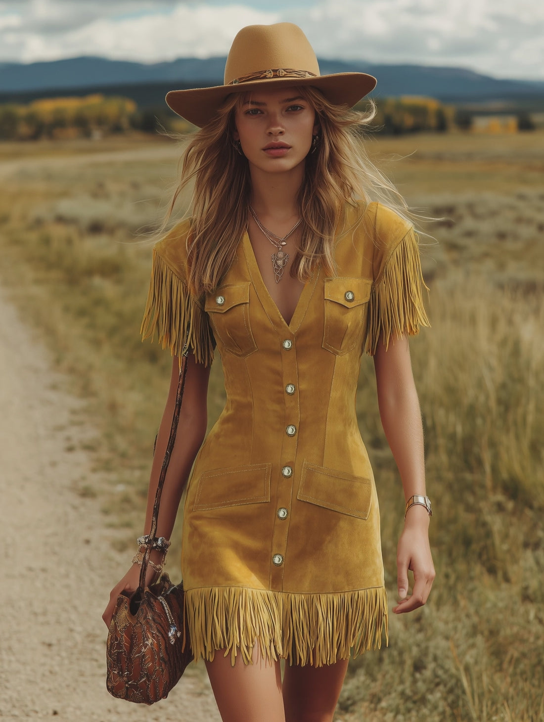 Western-style Vintage V-neck Fringed Faux Suede Mini Dress