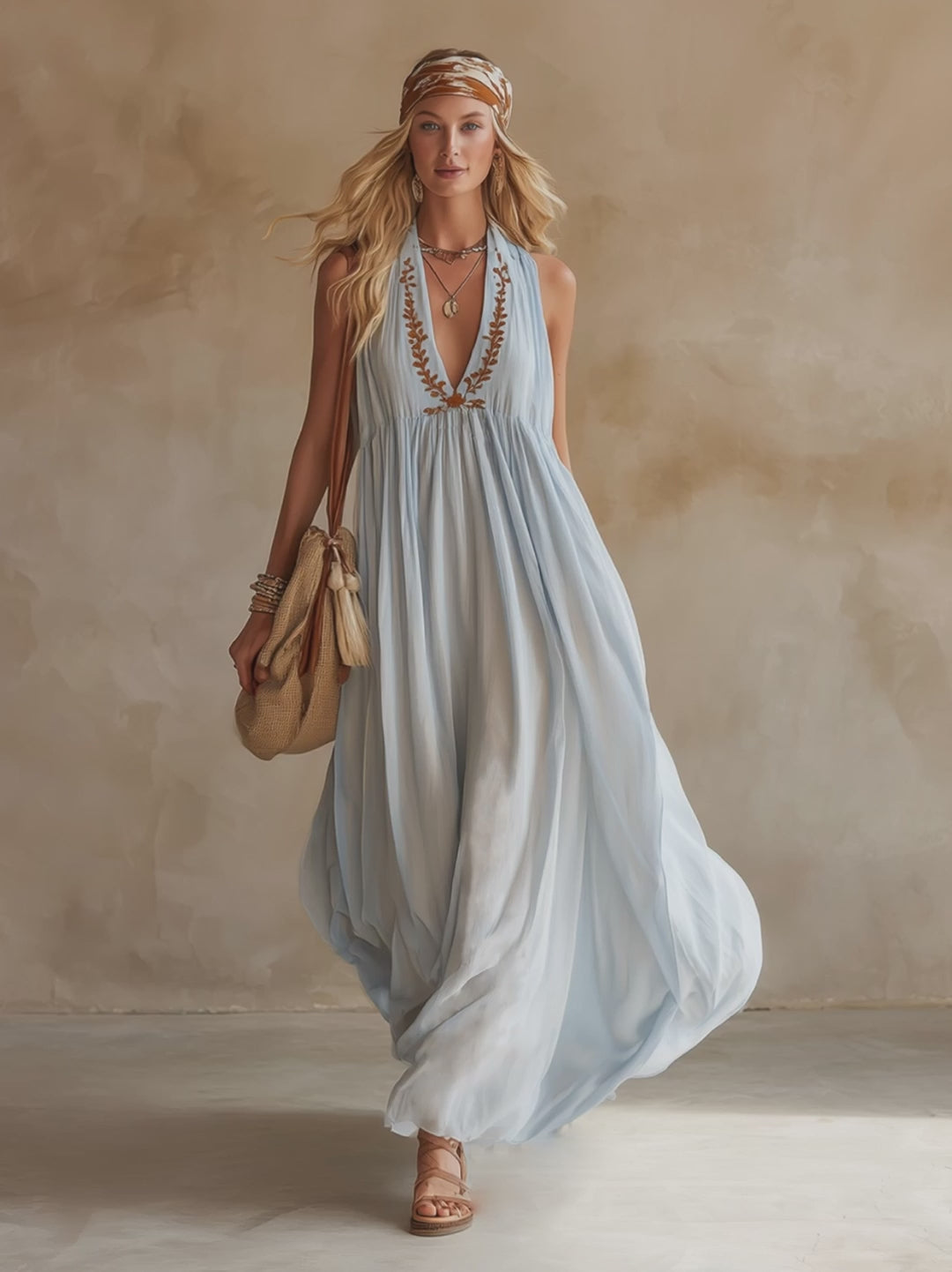 Bohemian-style Exquisite Embroidered Light Blue Chiffon Sleeveless Maxi Dress