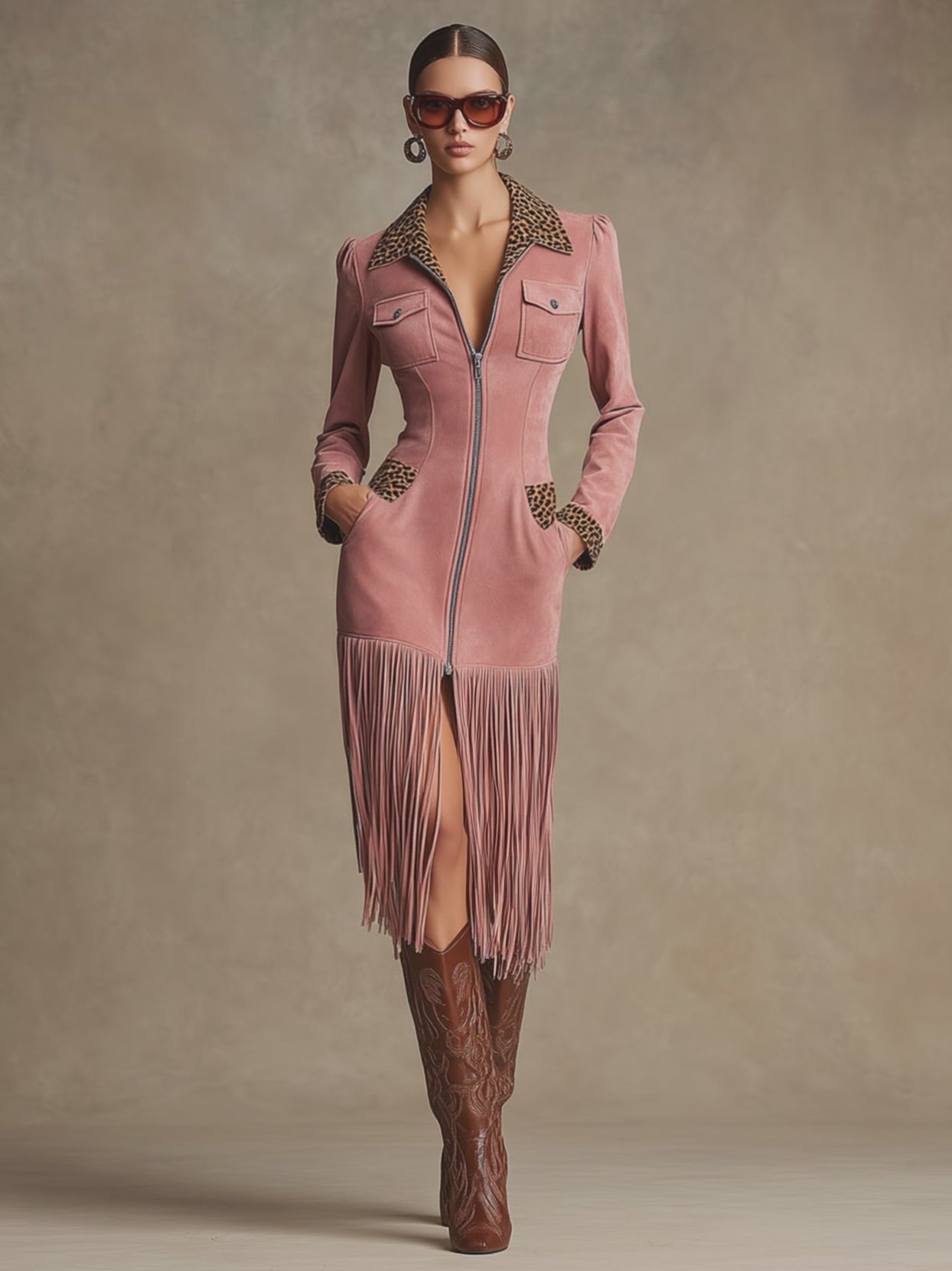 Western Retro Leopard Print Pink Faux Suede Zipper Tassel Midi Dress