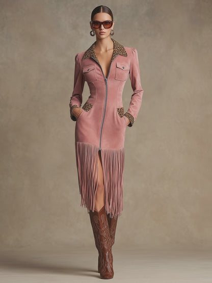 Western Retro Leopard Print Pink Faux Suede Zipper Tassel Midi Dress