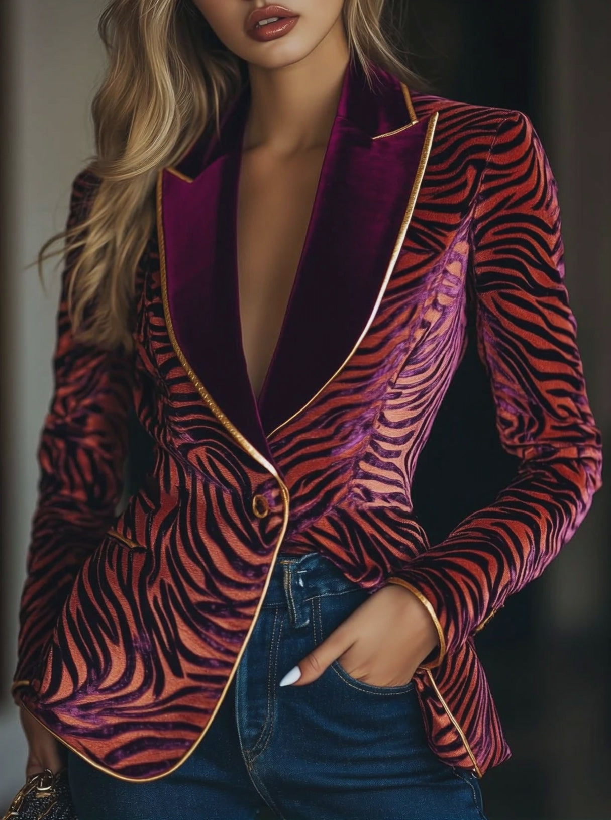 Casual Loose Vintage Velvet Zebra Pattern Gold Wire Striped Lapel Pocket Blazer