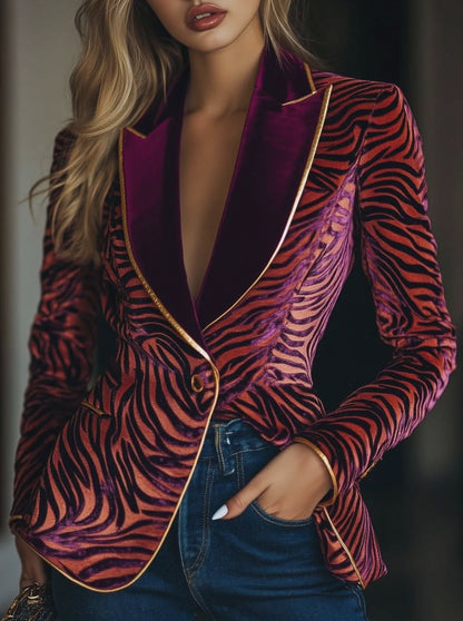 Casual Loose Vintage Velvet Zebra Pattern Gold Wire Striped Lapel Pocket Blazer
