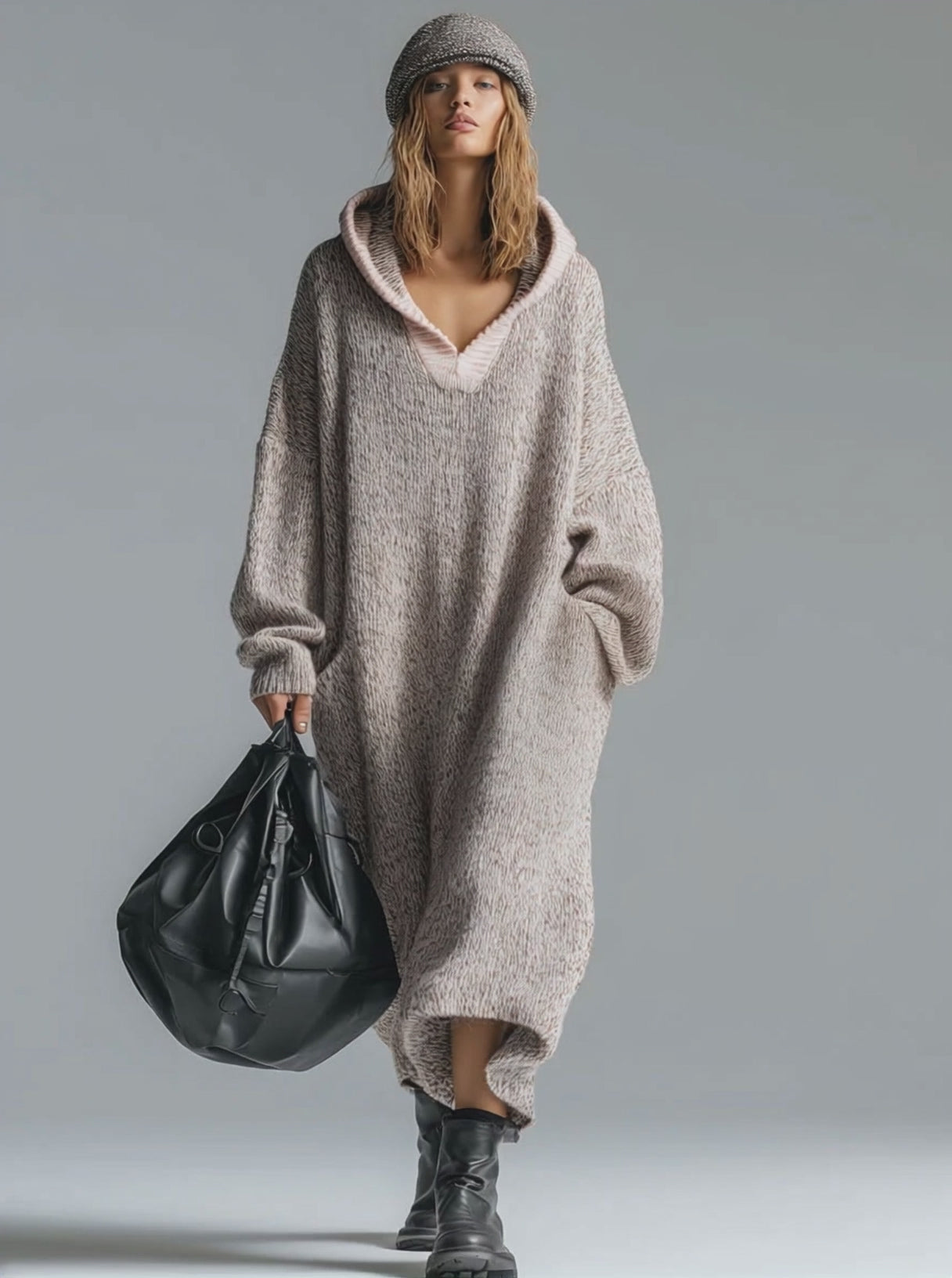 Fashion Loose Retro Trimmed Floral Gray Hooded Knitted Midi Dress