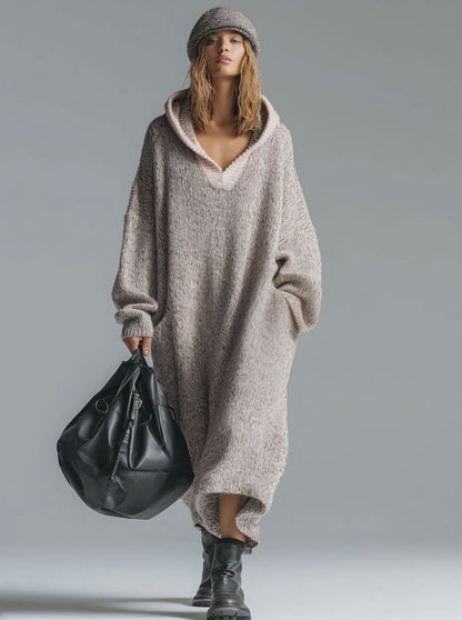 Fashion Loose Retro Trimmed Floral Gray Hooded Knitted Midi Dress