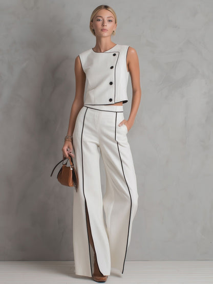 Stylish And Casual Black-trimmed White Cotton Top And Split-leg Wide-leg Pants Set