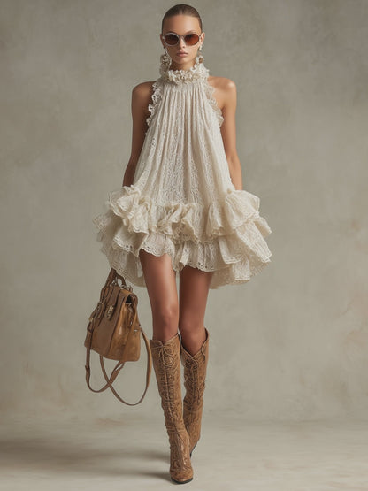 Vacation Retro Beige Lace Sleeveless Ruffled Mini Dress