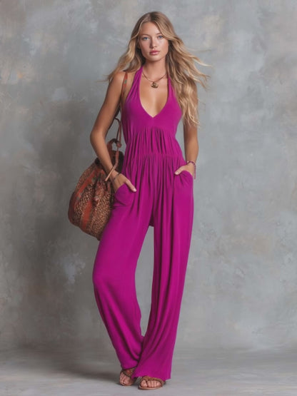 Casual Versatile V-Neck Rose Purple Knitted Jumpsuit