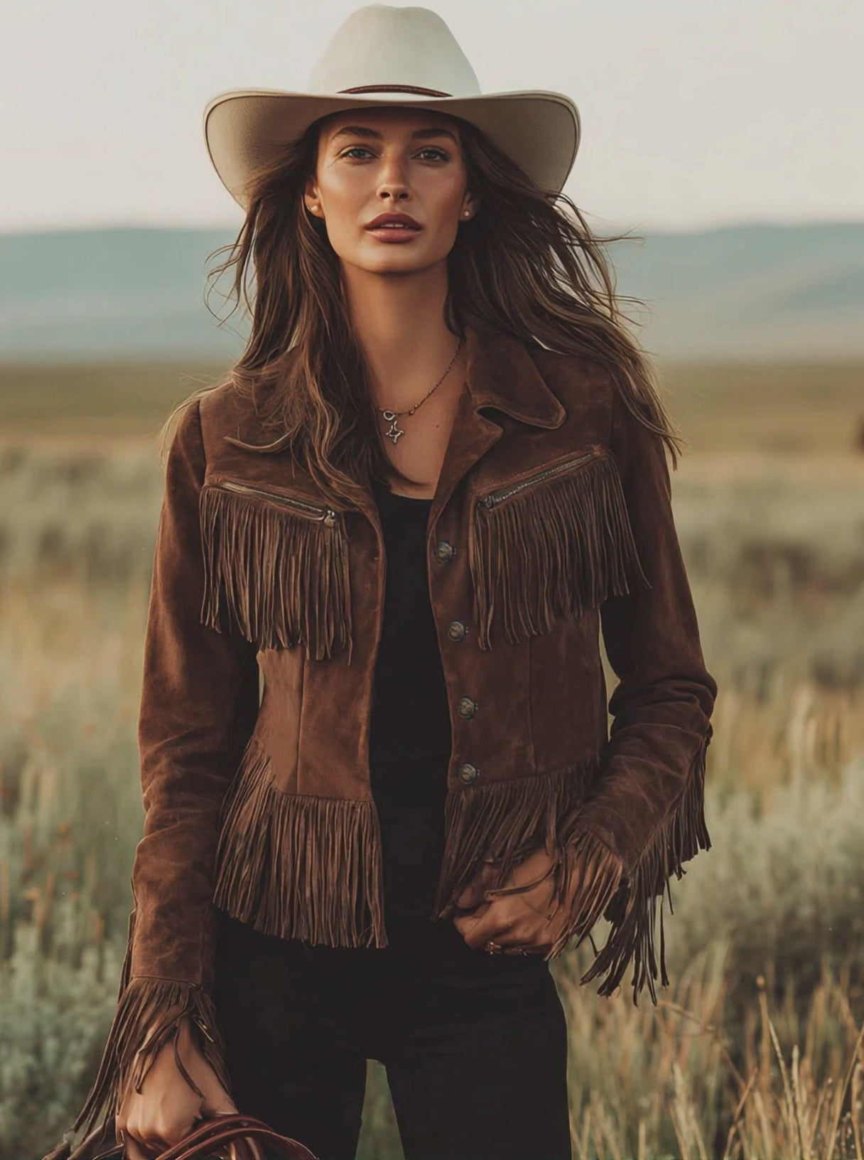 Western-style Brown Suede Tassel Zip-up Jacket