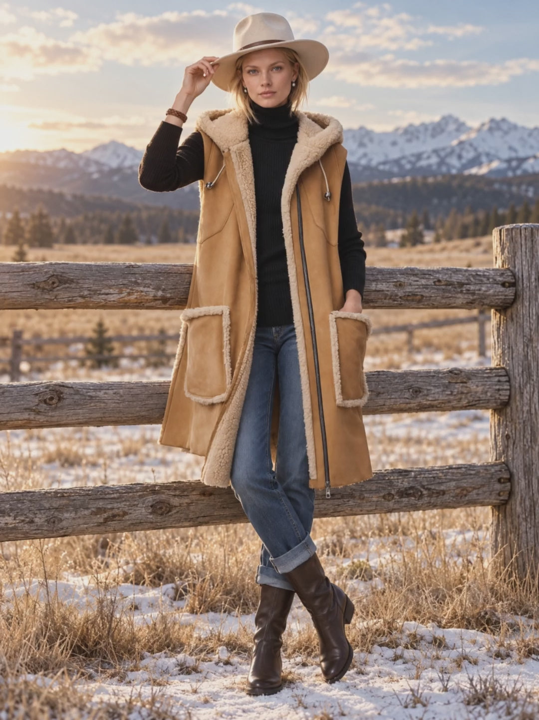 Rustic Western Camel Faux Shearling Hooded Sleeveless Longline Suede Vest