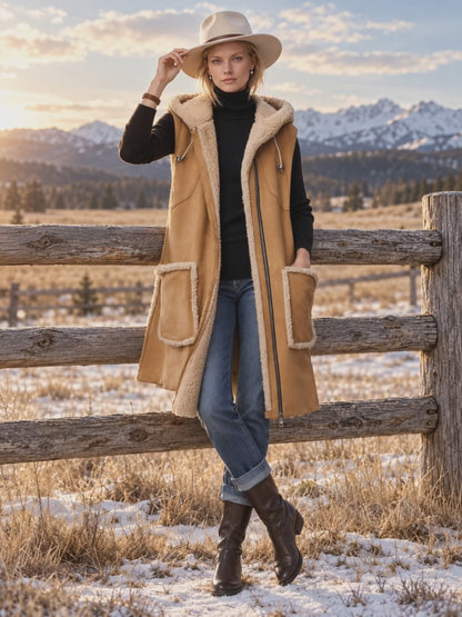 Rustic Western Camel Faux Shearling Hooded Sleeveless Longline Suede Vest