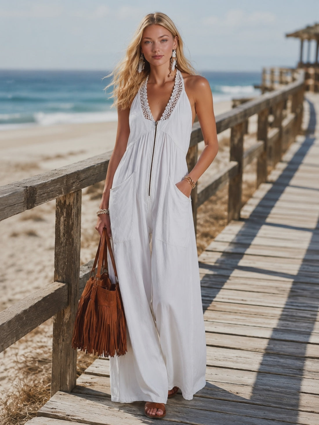 Retro Casual Lace-Trimmed White Cotton Jumpsuit