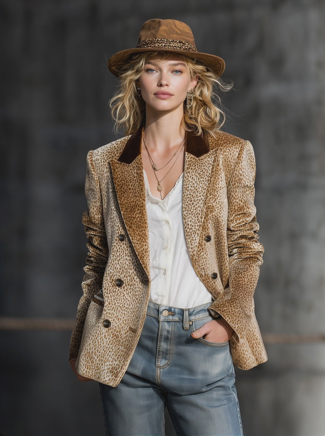 Retro And Fashionable Leopard Print Color-block Collar Velvet Blazer