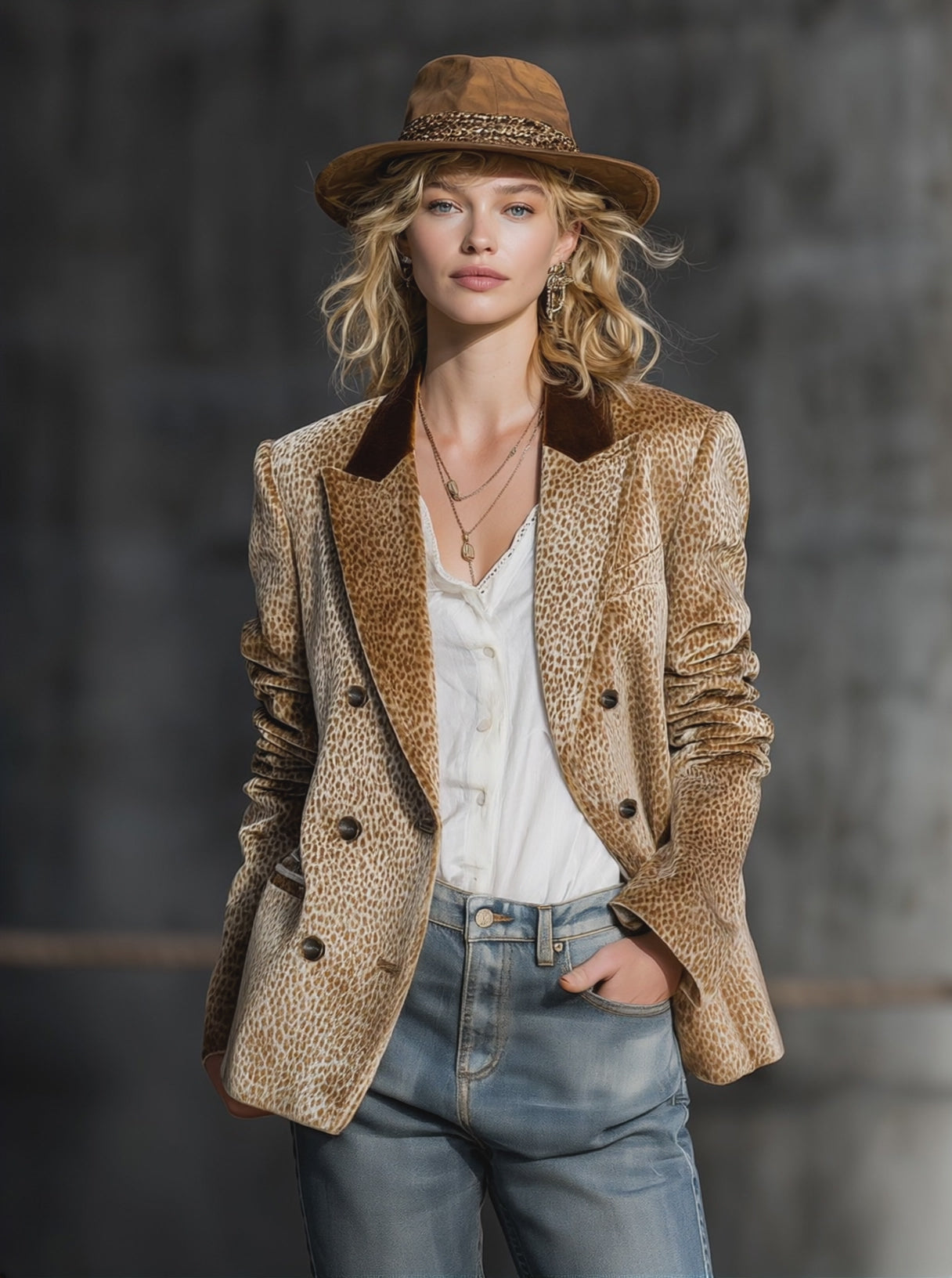 Retro And Fashionable Leopard Print Color-block Collar Velvet Blazer