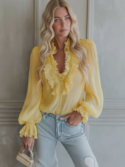 V-neck Chiffon Single-breasted Long-sleeved Shirt