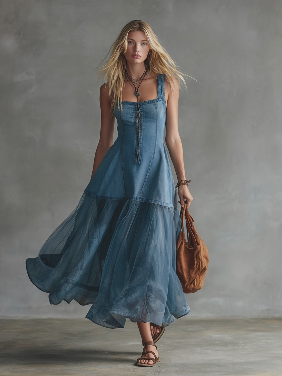 Vintage-Elegant Blue Denim And Tulle Patchwork Maxi Dress