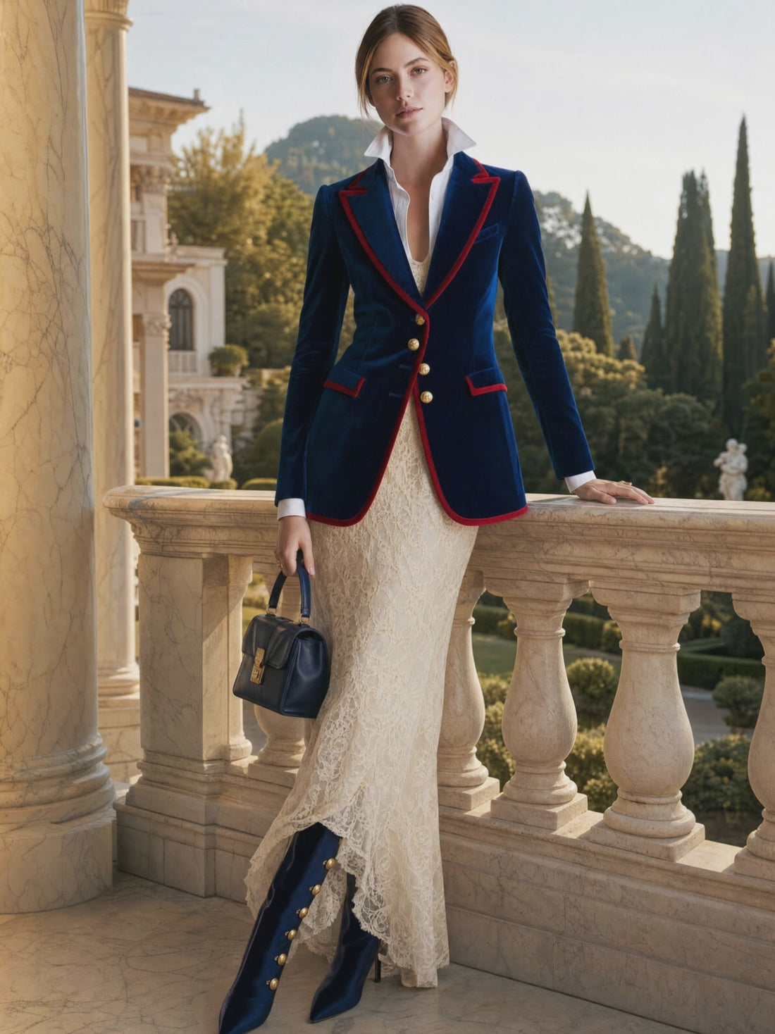 Casual Retro Color-blocked Royal Blue Velvet Blazer