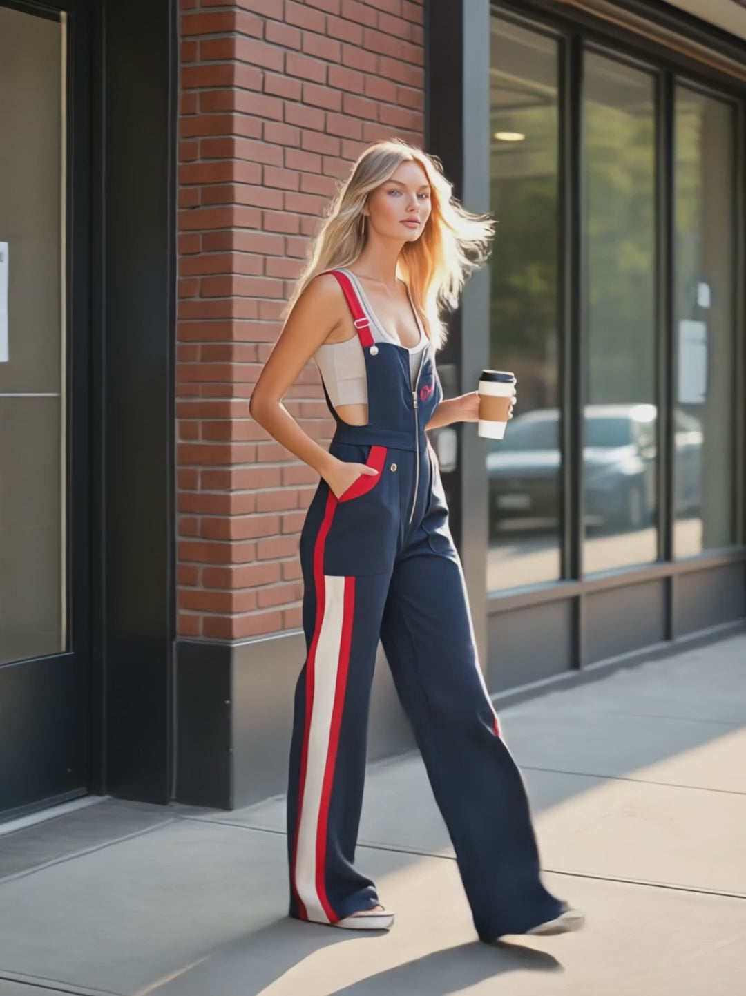 Retro Fahsion Sports Front Zipper Contrast Dark Blue Cotton Overalls Jumpsuit