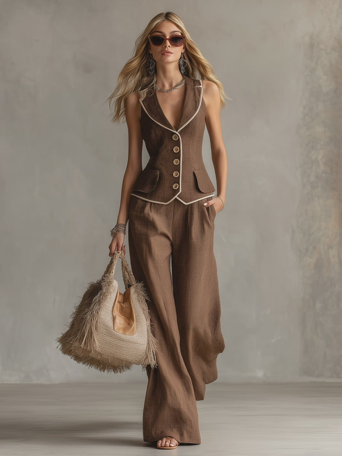 Classic Piped Brown Cotton And Linen Vest And Wide-leg Trousers Set