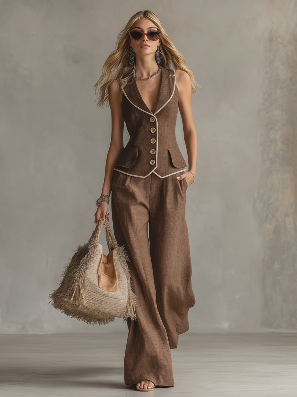 Classic Piped Brown Cotton And Linen Vest And Wide-leg Trousers Set