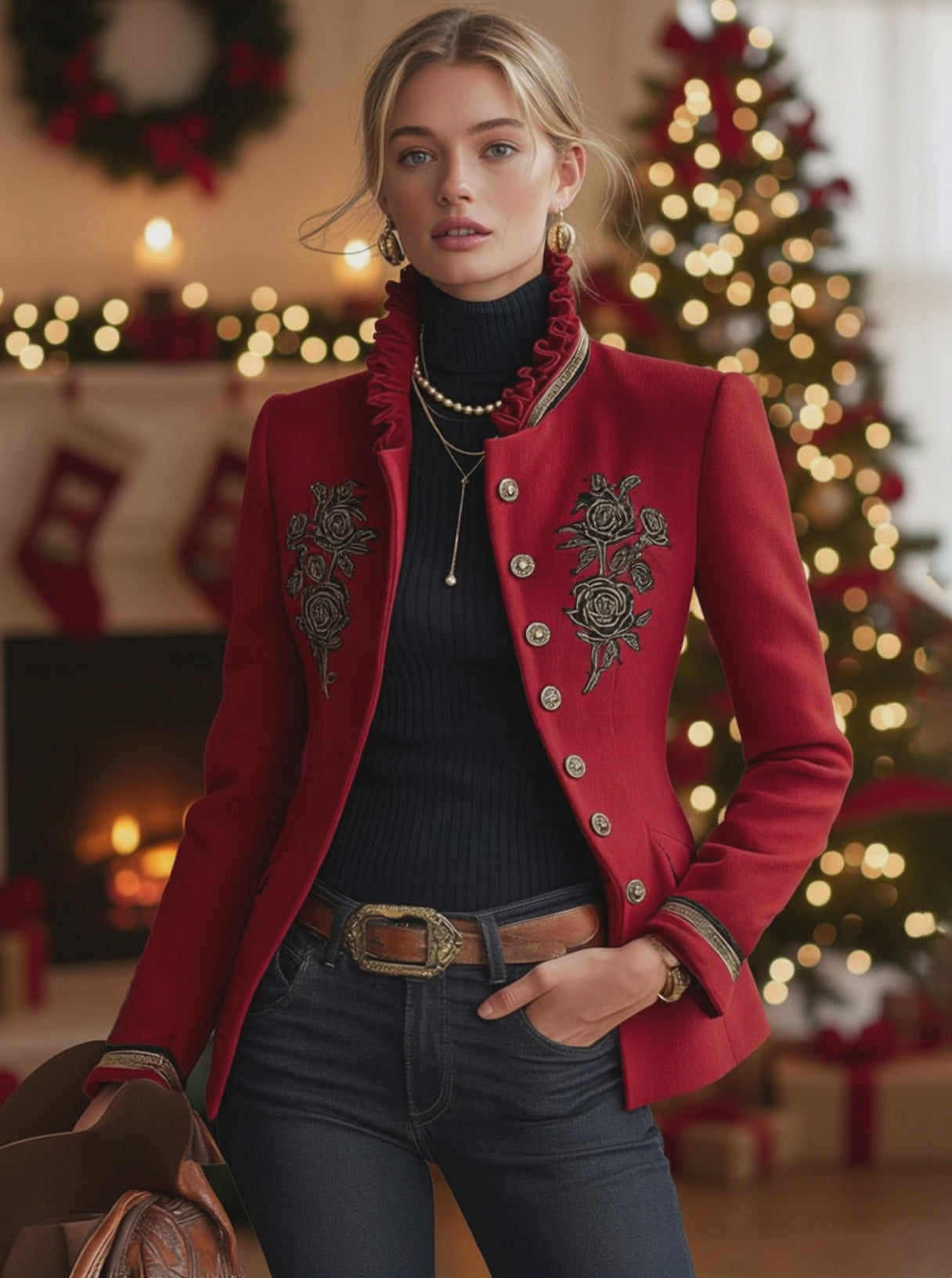 Ruffled Stand-up Collar Single-breasted Rose Embroidered Woolen Jacket