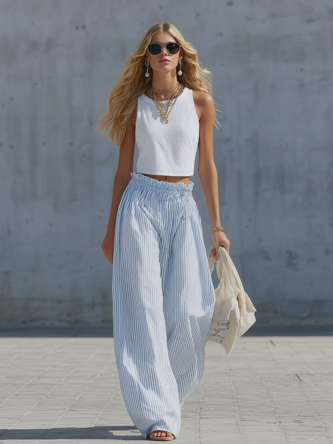Stylish Casual White Cotton Tank Top And Blue Striped Pants Set