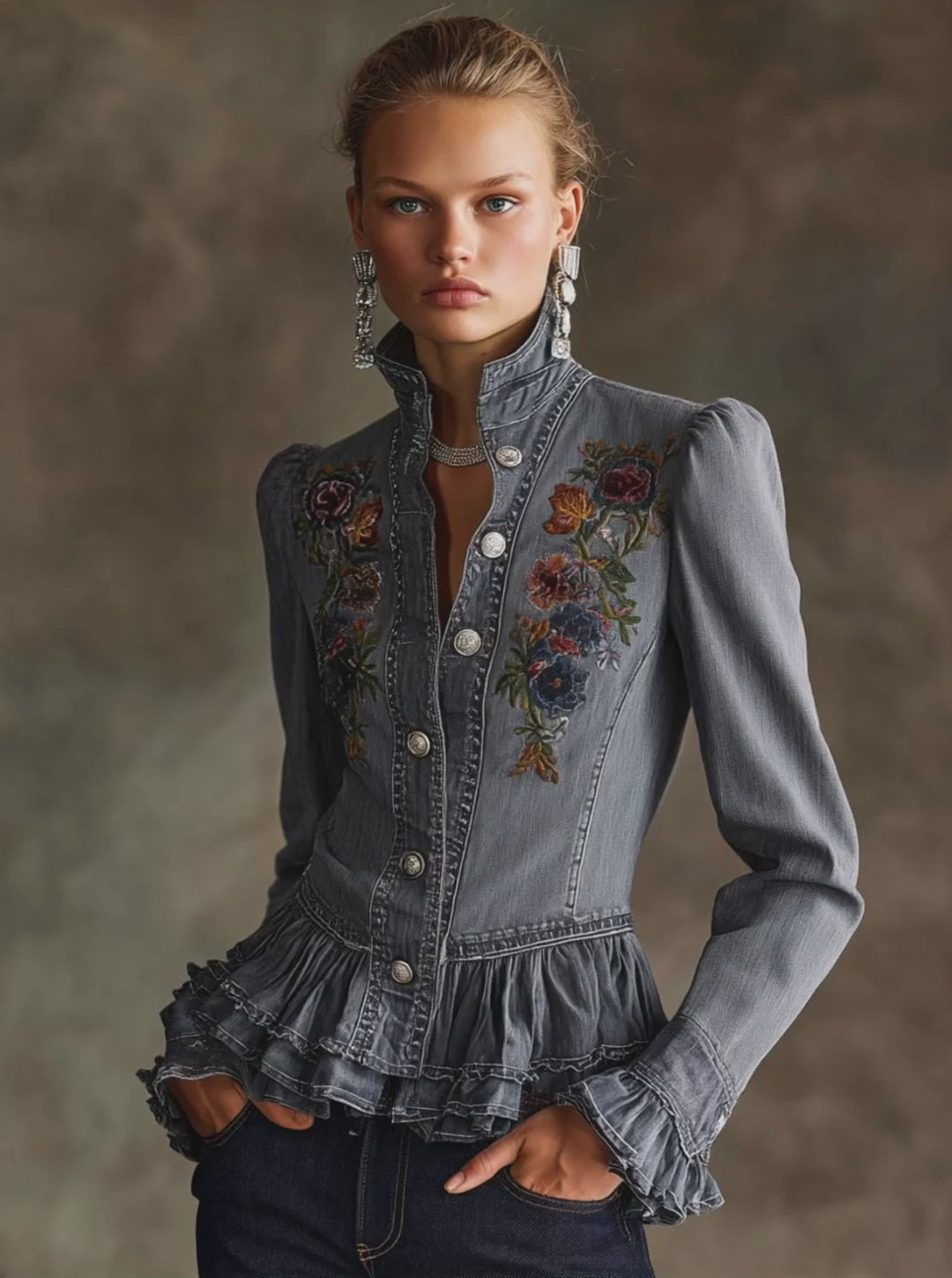 Casual Retro Floral Embroidered Ruffled Gray-blue Denim Jacket