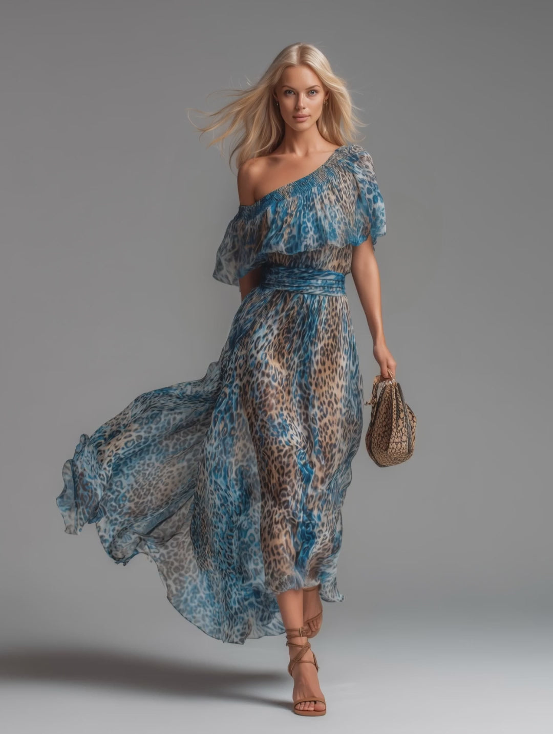 Stylish And Elegant Off-the-shoulder Short-sleeved Leopard Print Chiffon Maxi Dress