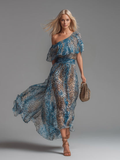 Stylish And Elegant Off-the-shoulder Short-sleeved Leopard Print Chiffon Maxi Dress