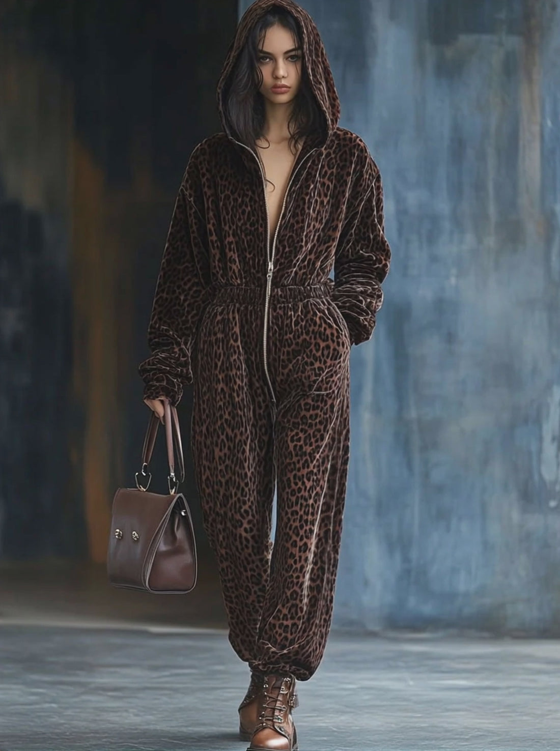 【24-hour shipping out】Casual Loose Vintage Velvet Leopard Print Elastic Waist Zipper Hooded Jumpsuit
