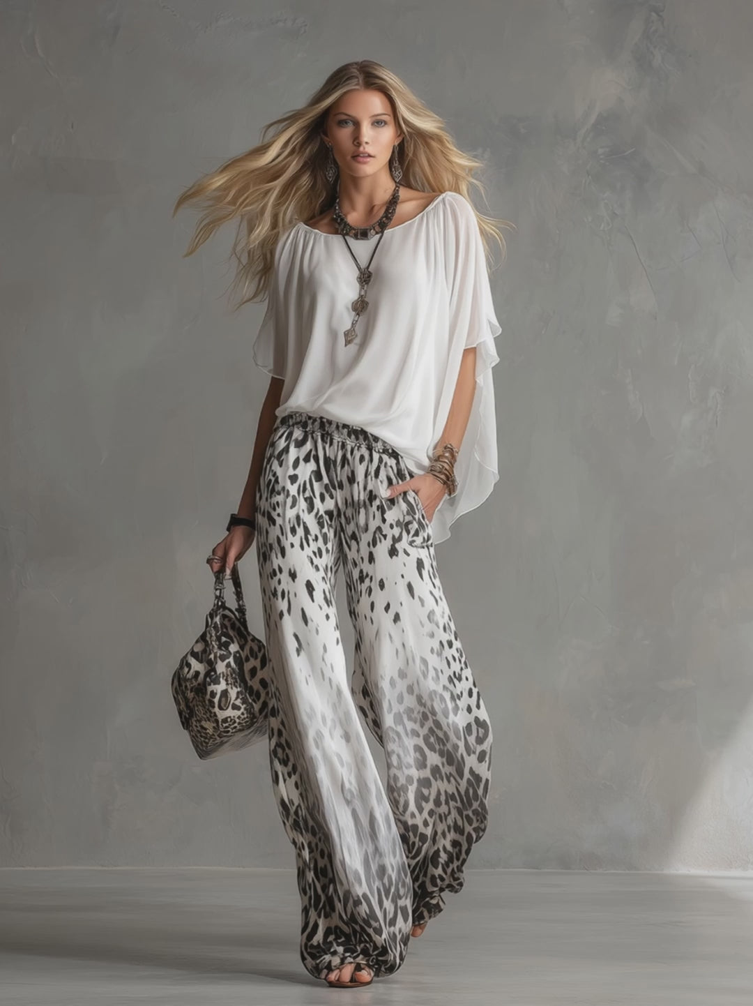 Modern And Stylish White T-shirt And Leopard Print Chiffon Pants Set