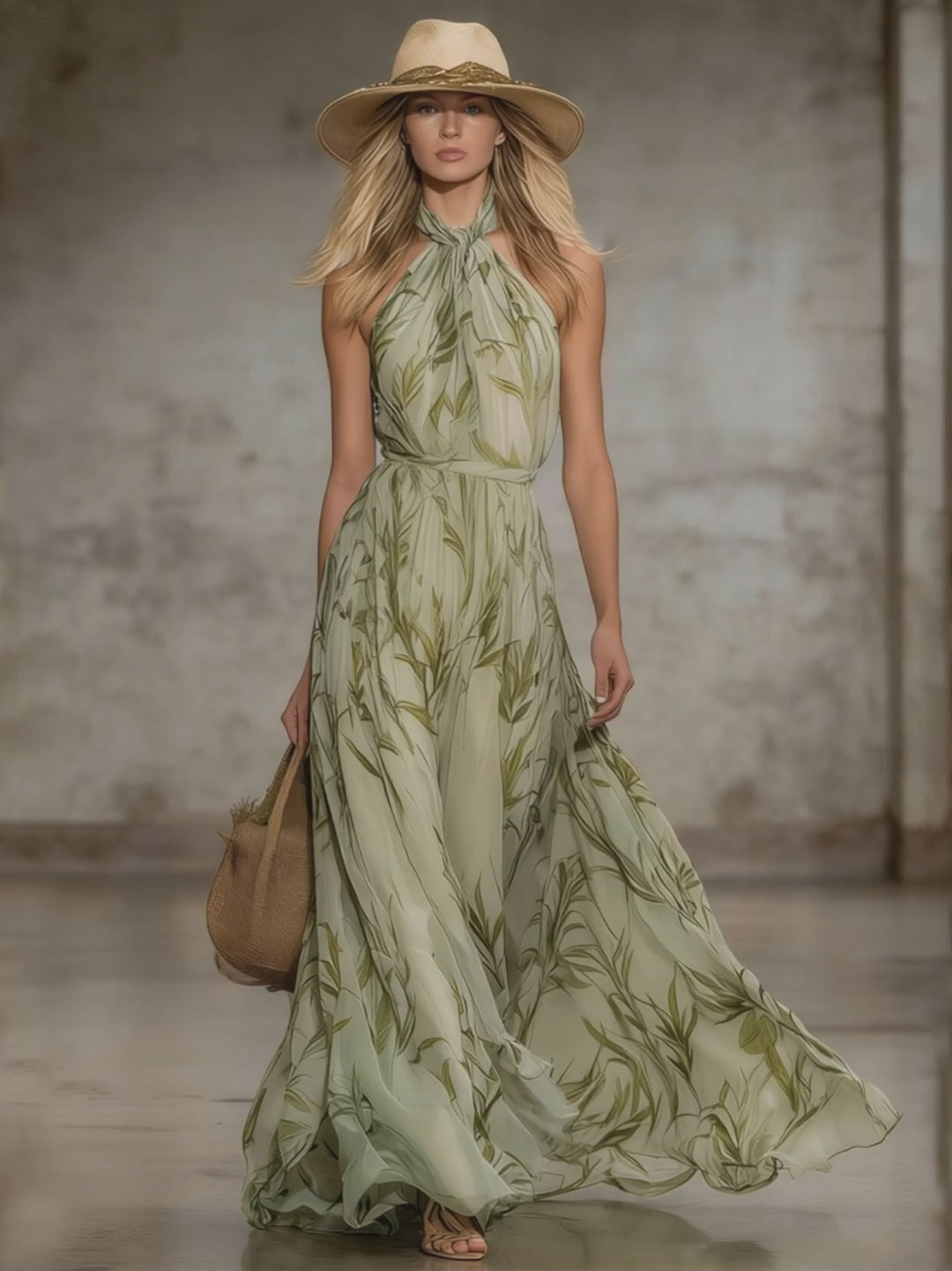 Elegant Leaf Print Halter Neck Chiffon Sleeveless Maxi Dress