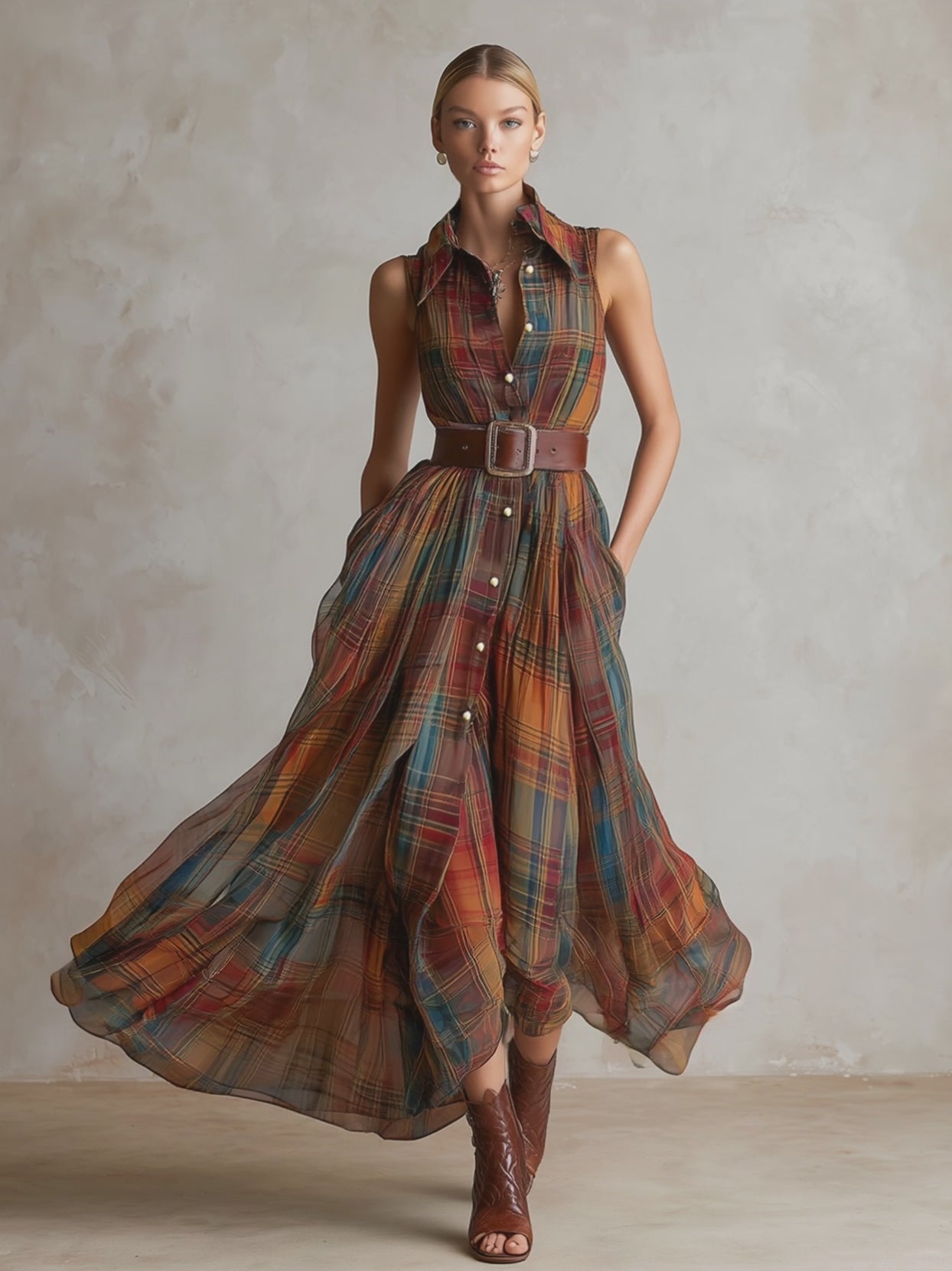 Vintage-Elegant Red-Brown Plaid Print Chiffon Sleeveless Maxi Dress