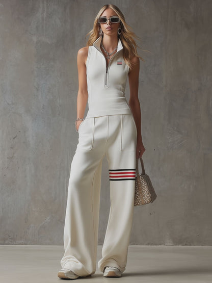 Sporty Retro White Striped Embroidered Sleeveless Vest And Wide-Leg Pants Set