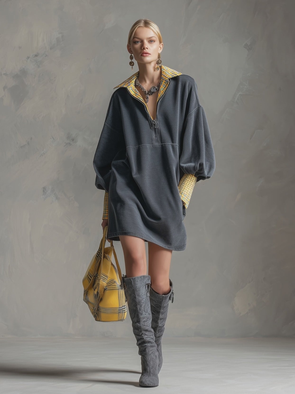 Casual Sporty Plaid Trim Gray Washed Cotton Sweatshirt Mini Dress