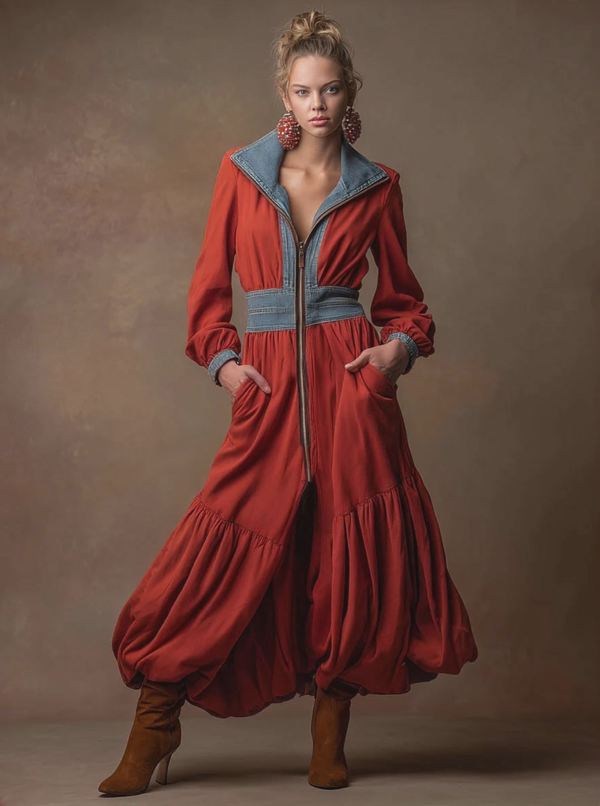 Casual Retro Zip-up Denim Patchwork Red Sweatshirt Dress With Tulip-shaped Maxi Dress