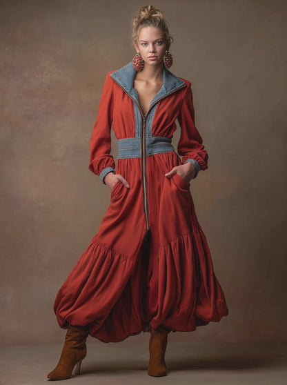 Casual Retro Zip-up Denim Patchwork Red Sweatshirt Dress With Tulip-shaped Maxi Dress