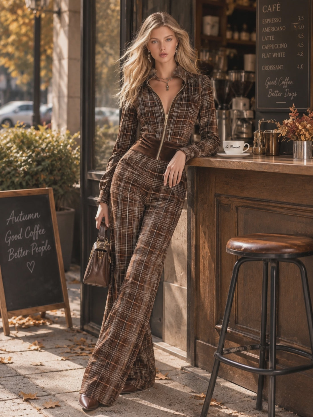 Retro Chocolate Brown Plaid Velvet Front-Zip Jumpsuit