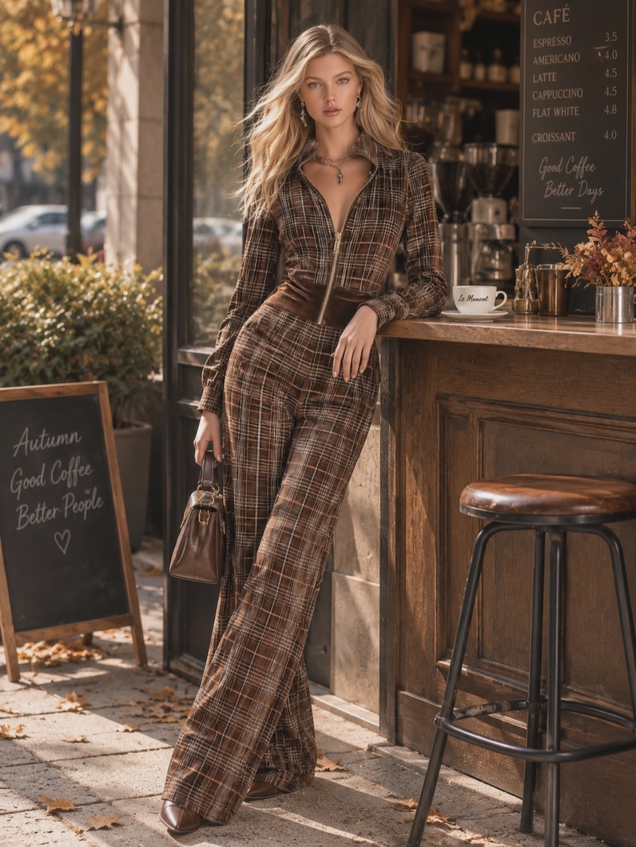 retro-chocolate-brown-plaid-velvet-front-zip-jumpsuit - Oyrosy