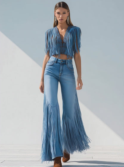 Trendy Retro Tassel Flared Jeans