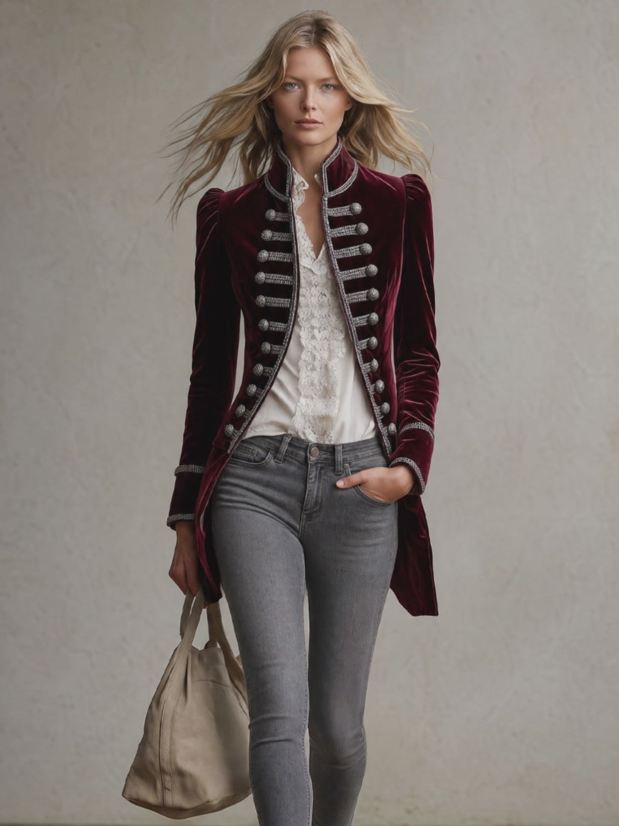 Retro Court Style Burgundy Velvet Military Coat