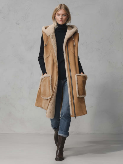 Rustic Western Camel Faux Shearling Hooded Sleeveless Longline Suede Vest
