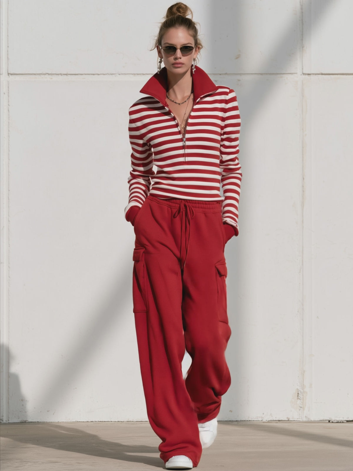 Casual Sporty Red Striped Cotton Half-Zip Sweatshirt