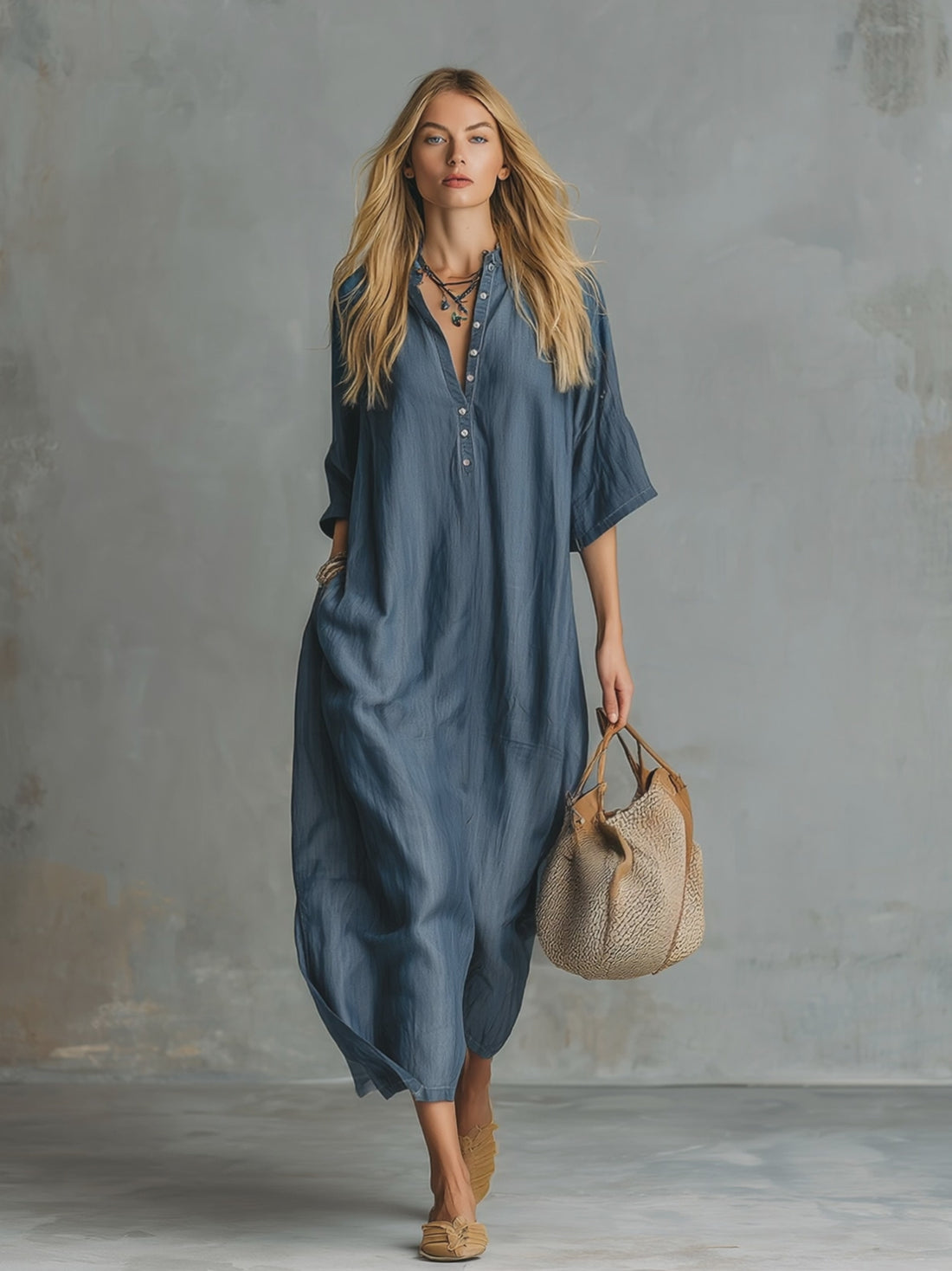 Retro Blue Tencel Denim Short-sleeved Maxi Dress
