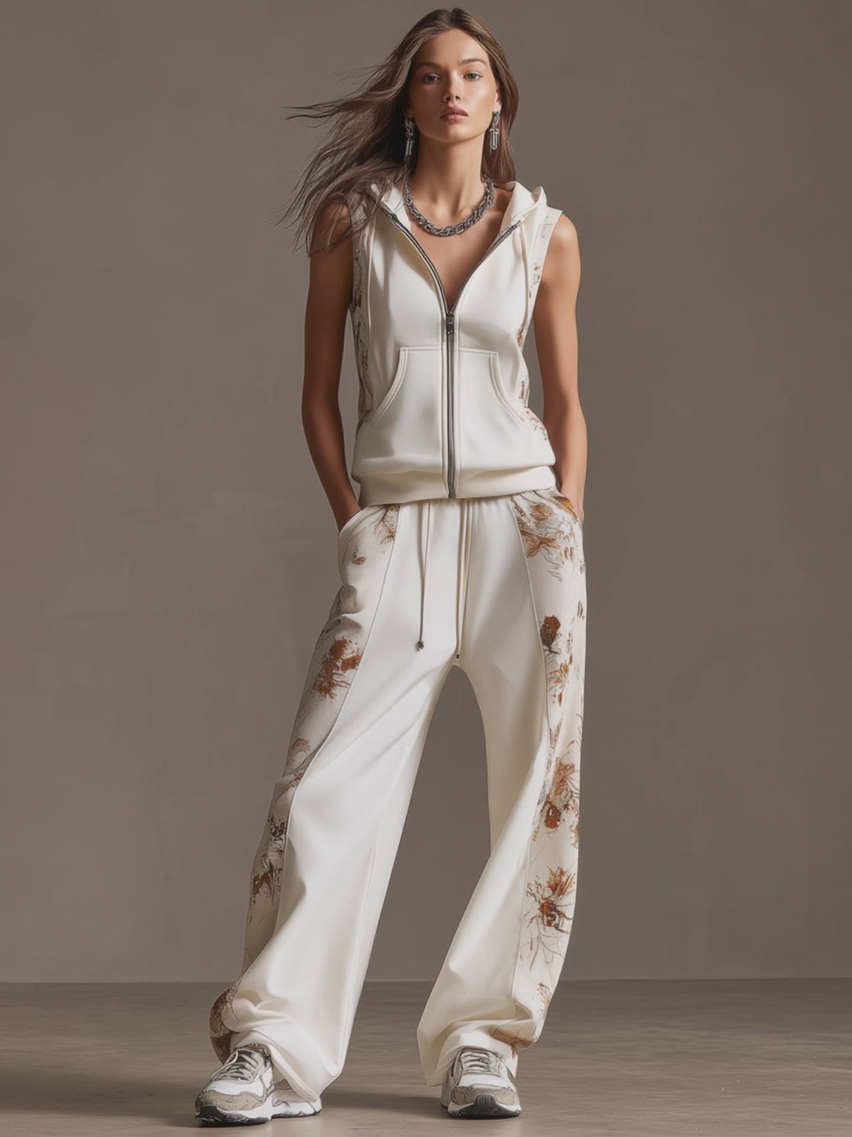 Sporty Retro Floral Velvet Patchwork White Sleeveless Hooded Sweatshirt And Pants Set