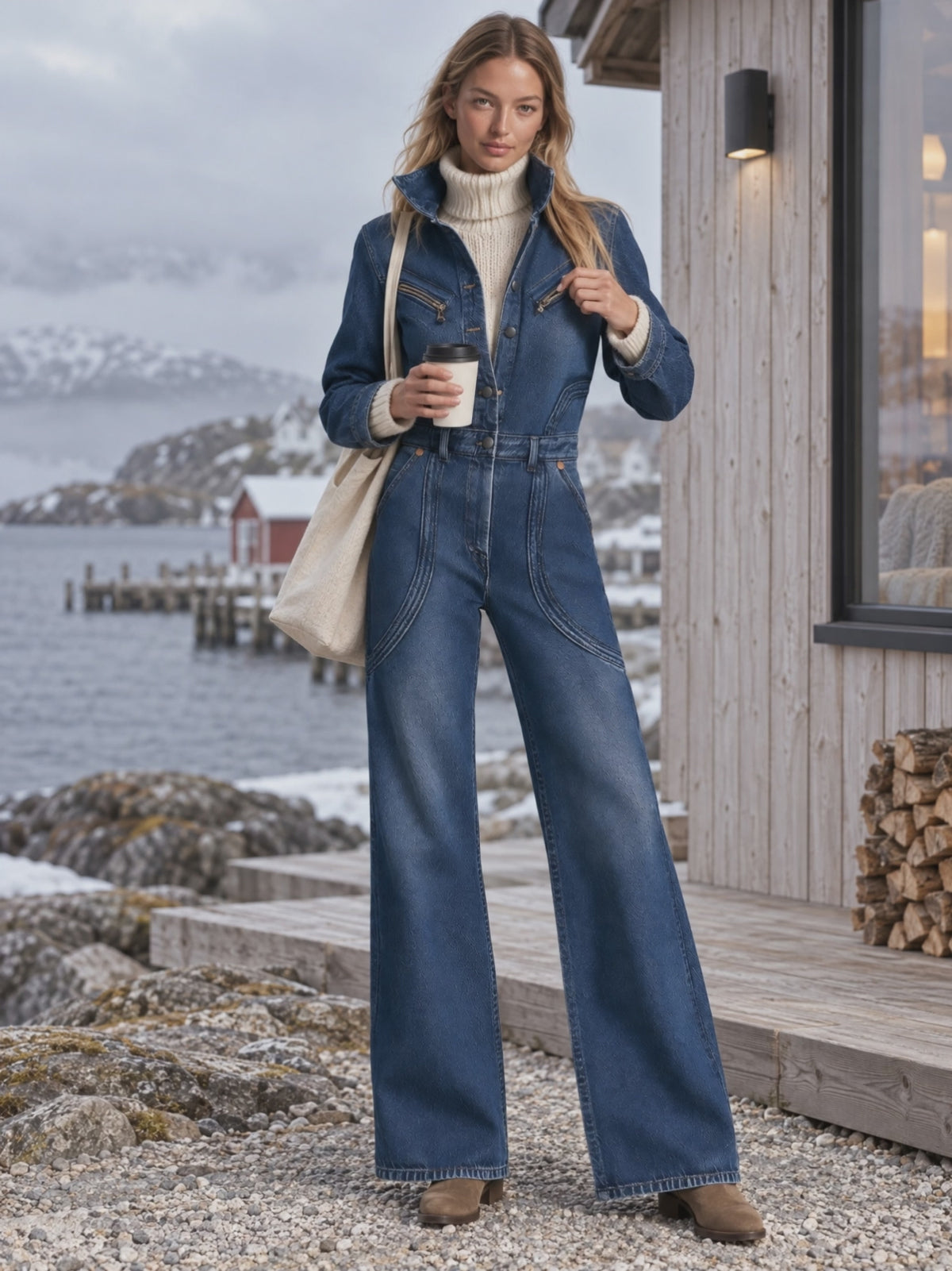Retro Western Zip Pocket Collared Long Sleeve Wide Leg Denim Jumpsuit