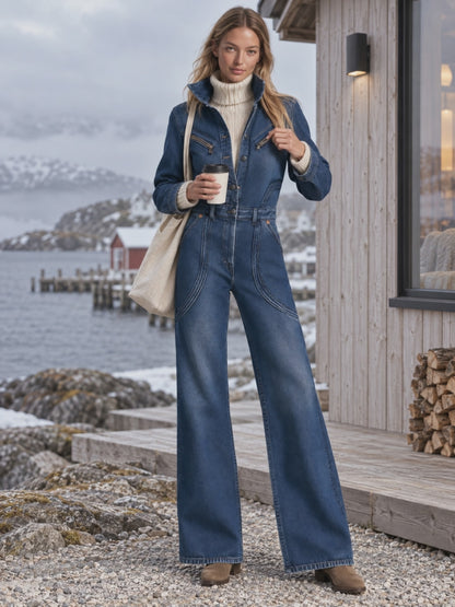 Retro Western Zip Pocket Collared Long Sleeve Wide Leg Denim Jumpsuit