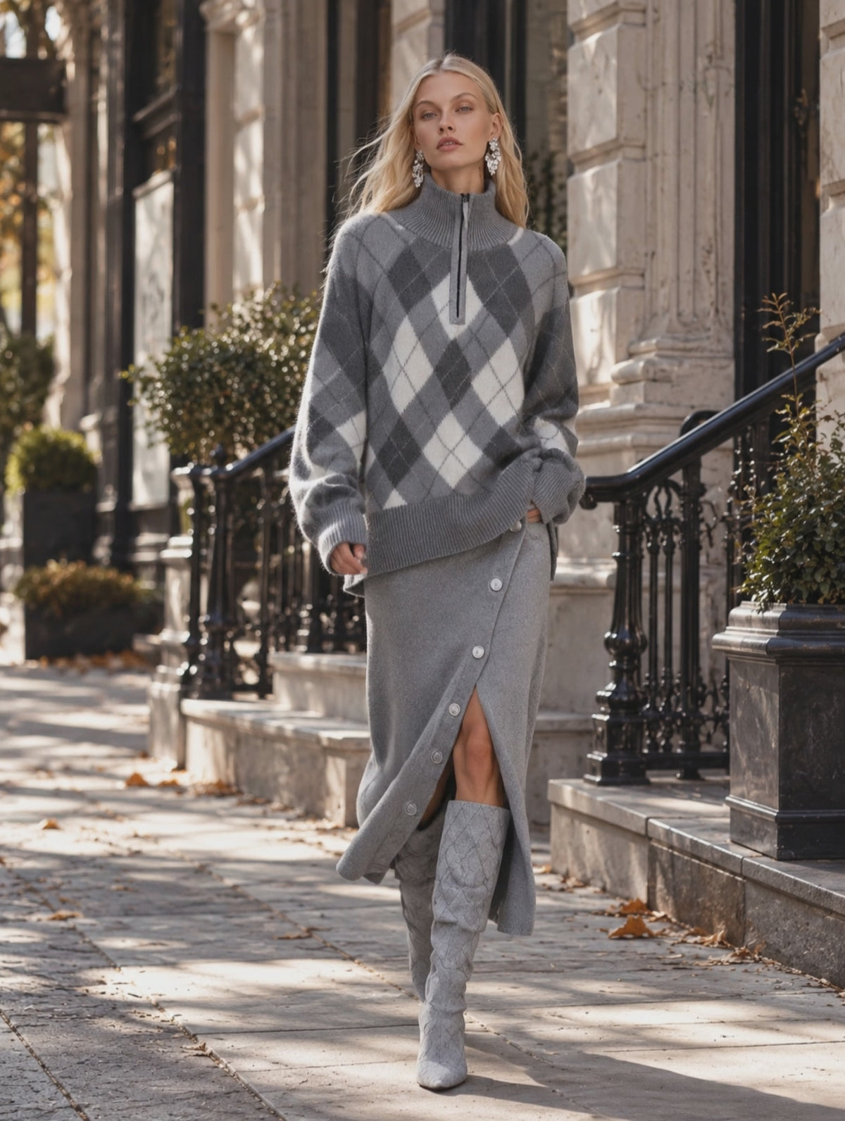 Premium Grey Mock-neck Plaid Sweater And Solid-color Slit Midi Skirt Set