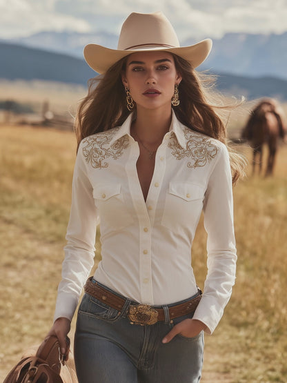 Western Retro Embroidered White Tencel Denim Shirt