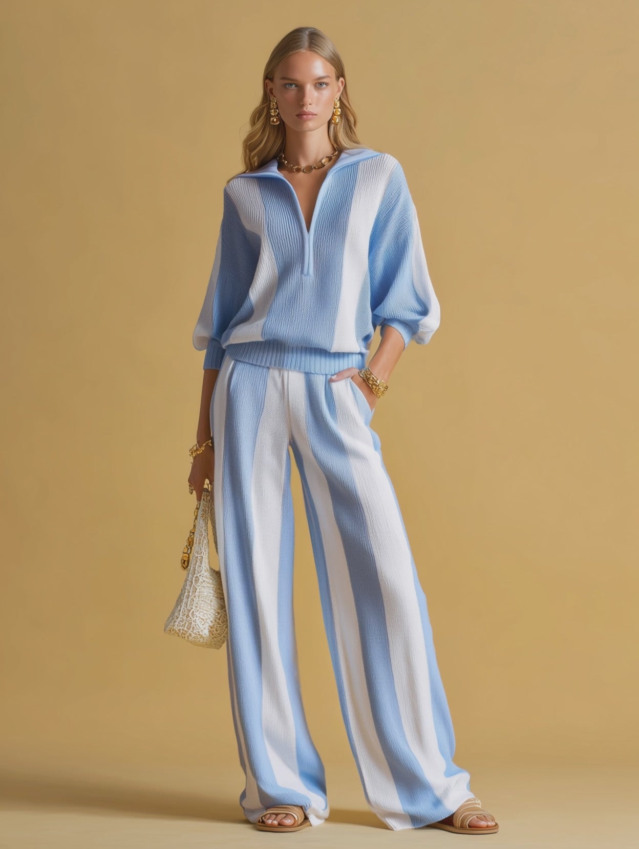 Casual And Comfortable Striped Knit Two-piece Set